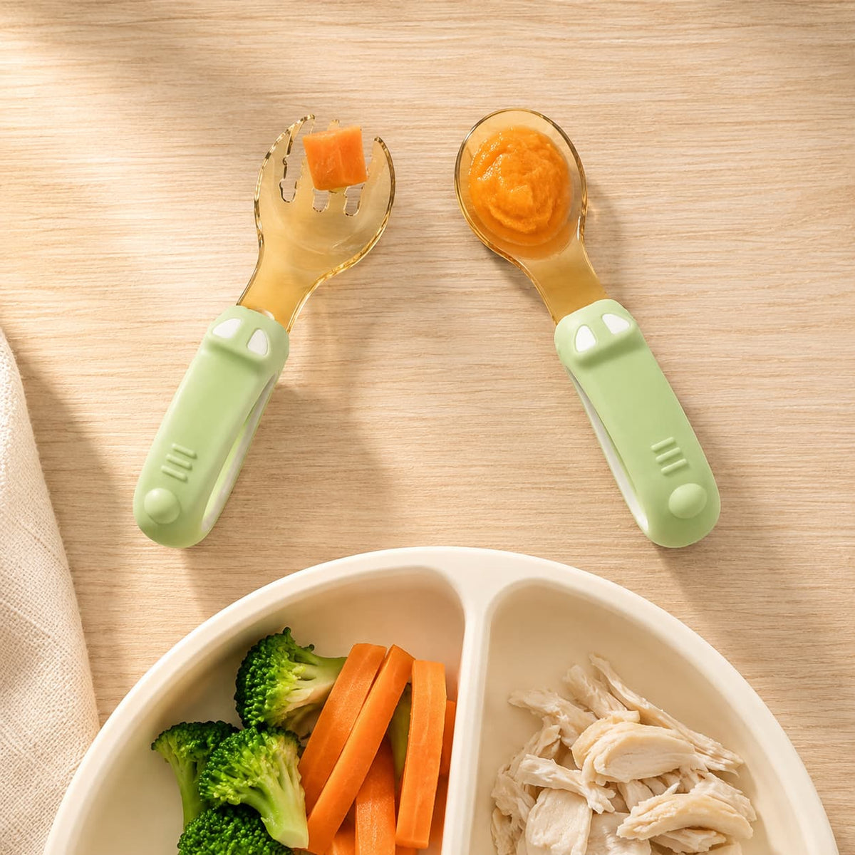 Toddler eating training fork and spoon set