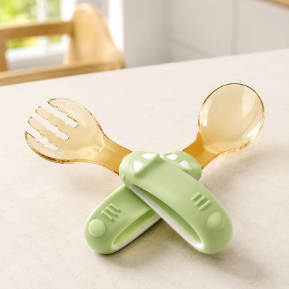 Toddler eating training fork and spoon set
