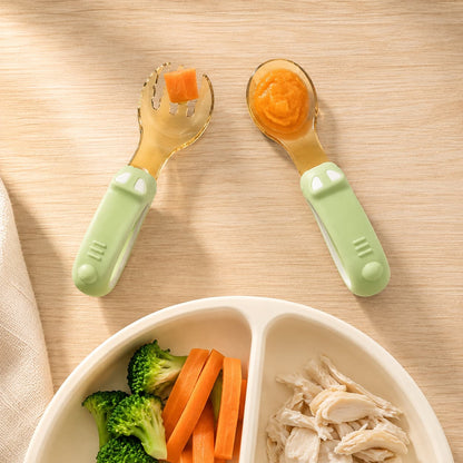 Toddler eating training fork and spoon set